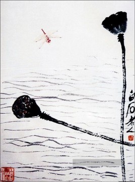 Libellule Qi Baishi et lotus tradition chinoise Peinture à l'huile